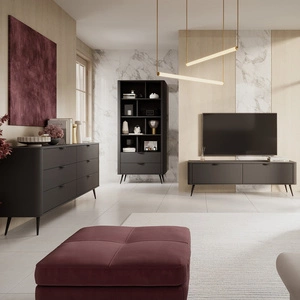 Zestaw mebli Lante czarny designerskie ryflowania na frontach meblościanki metalowe uchwyty krawędziowe i wysokie skośne nogi