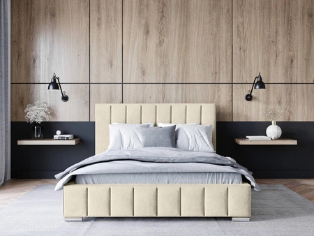 Łóżko tapicerowane Insam 180x200 beżowe stylowe łóżko z pojemnikiem na pościel wygodny zagłówek zachwyca eleganckim designem