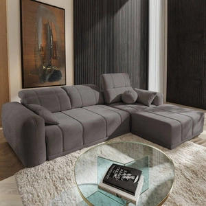 Narożnik z funkcją spania Cetara szary brąz prawostronny stylowy design komfortowe przesuwane oparcia regulowane zagłówki