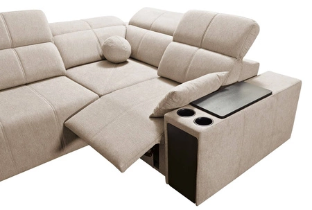 Narożnik z funkcją spania Tesalia IV Lux miętowy lewostronny stylowy narożnik z wysuwanym podnóżkiem oraz funkcją przesuwanego oparcia