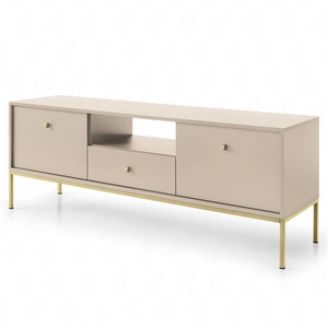 Szafka RTV Mono 154 cm beżowa minimalistyczny design prosta forma wzbogacona o metalowe złote elementy stylowy uchwyt