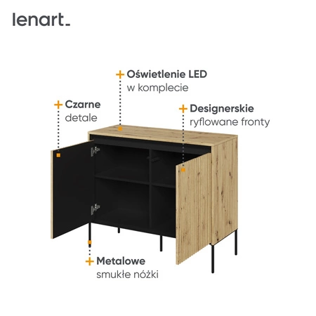 Komoda Trend 98 cm dąb artisan funkcjonalna komoda do salonu o oryginalnym designie ryflowane fronty z subtelnym oświetleniem