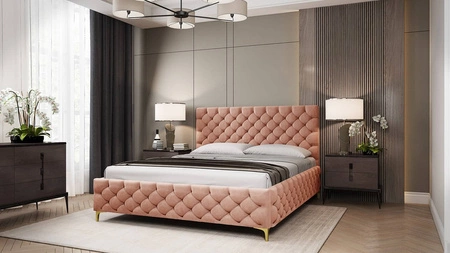 Łóżko tapicerowane Fiano 140x200 łososiowe stylowe łóżko z pojemnikiem na pościel wygodny zagłówek zachwyca eleganckim designem