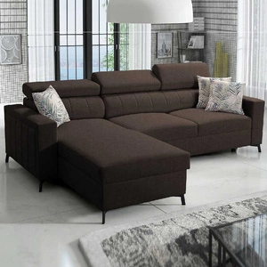 Narożnik z funkcją spania Savona brązowy lewostronny wygodny i elegancki narożnik z regulowanymi zagłówkami dekoracyjne przeszycia