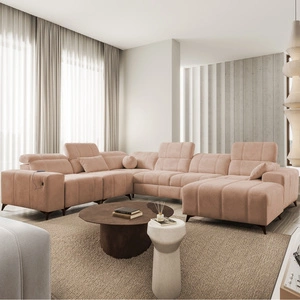 Narożnik z funkcją spania Penejos VIII łososiowy prawostronny stylowy narożnik rozkładany wykonany z wytrzymałej tkaniny