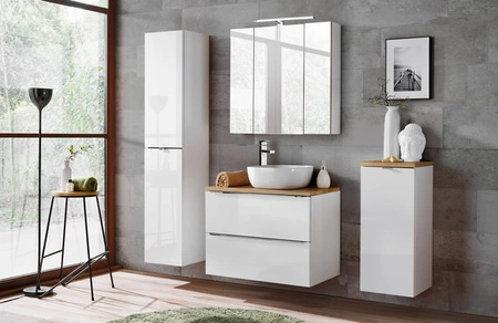 Szafka pod umywalkę Capri 80 cm biały połysk funkcjonalna szafka do łazienki gustowne uchwyty krawędziowe pojemne szuflady