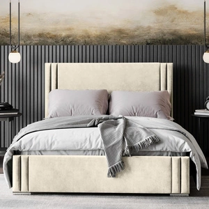 Łóżko tapicerowane Tatui 140x200 beżowe stylowe łóżko z pojemnikiem na pościel wygodny zagłówek zachwyca eleganckim designem