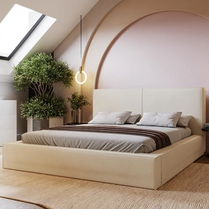 Łóżko tapicerowane Belli 140x200 beżowe stylowe łóżko z pojemnikiem na pościel wygodny zagłówek zachwyca eleganckim designem