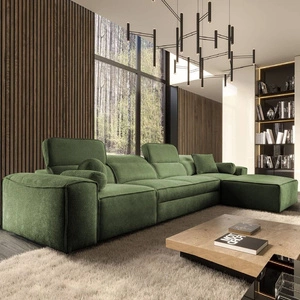 Narożnik z funkcją spania Viano XII zielony prawostronny stylowy narożnik o ciekawym kształcie regulowane zagłówki ozdobne poduszki