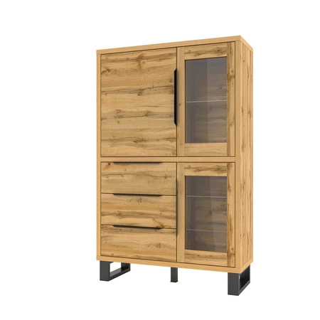 Witryna Halle 120 cm dąb wotan minimalistyczny design stylowy uchwyt krawędziowy witryna z szufladami wsparta na metalowej podstawie