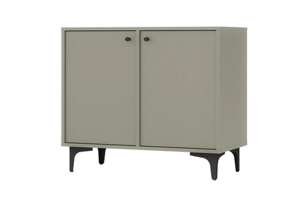 Meblościanka Kioto I eukaliptus stylowy design mebli do salonu eleganckie meble wsparte na metalowej czarnej podstawie subtelne uchwyty