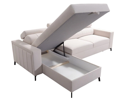 Narożnik z funkcją spania Savona żółty / biały lewostronny elegancki narożnik z regulowanymi zagłówkami dekoracyjne przeszycia