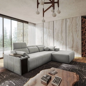 Narożnik z funkcją spania Tesalia szary popiel prawostronny nowoczesny design komfortowe przesuwane oparcie szuflada w boczku mebla