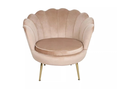 Fotel Camellia beżowy odporny na zaciągnięcia i zadrapania komfortowy podczas wypoczynku fotel muszelka ze złotymi nogami