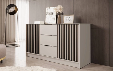 Komoda z szufladami Aspen 155 cm beżowa / czarne lamele nowoczesny design mebla drzwi komody ozdobione lamelami