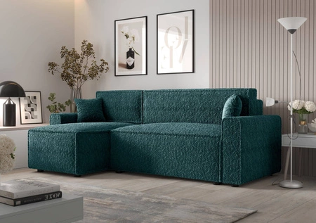 Narożnik z funkcją spania Brandon Bis turkusowy lewostronny miękka tkanina o charakterystycznej pętelkowej powierzchni pojemnik na pościel