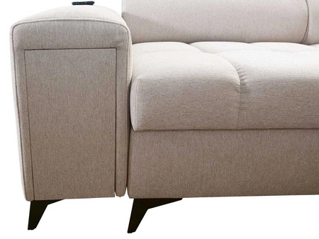 Narożnik z funkcją spania Bolmso II musztardowy lewostronny narożnik z pojemnikiem na pościel szuflada z pełnym wysuwem w boczku mebla