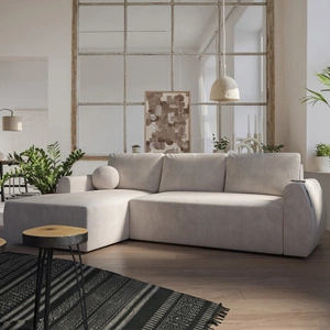 Narożnik z funkcją spania Colio beżowy lewostronny stylowy narożnik o ciekawym kształcie welurowa tkanina ozdobna poduszka piłka