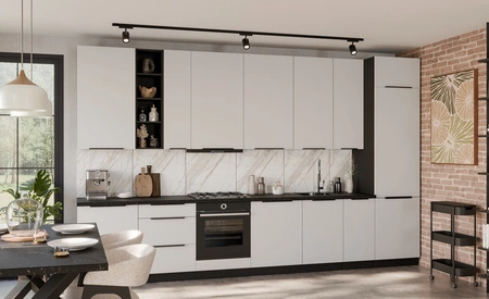 Zestaw mebli kuchennych Corato Bl 390 cm stylowe szafki kuchenne z frontami wykonanymi w technologii anti fingerprint metalowe uchwyty