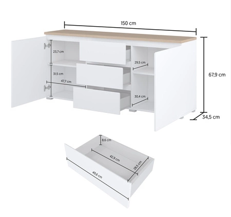 Zestaw mebli Modo biały / dąb mauvella prosta forma w nowoczesnym wydaniu zachwyci miłośników minimalistycznych wnętrz frezowane uchwyty