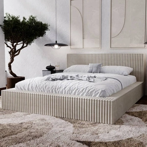 Łóżko tapicerowane Tilo 140x200 jasny szary nowoczesny design łóżko z pojemnikiem na pościel z komfortowym zagłówkiem tkanina z wyrazistymi prążkami