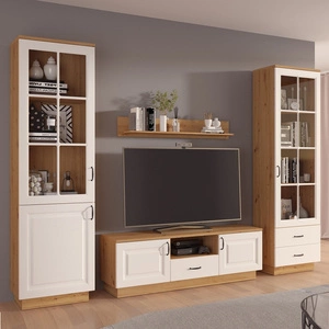 Meblościanka Scandi dąb artisan / biały klasyczny design meblościanki do salonu stylowe frezowane fronty metalowe uchwyty