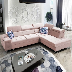 Narożnik z funkcją spania Hampton VII kwarcowy róż prawostronny narożnik do pokoju wykonany z aksamitnej tkaniny o gładkiej powierzchni