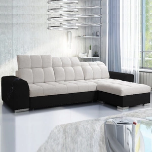 Narożnik z funkcją spania Luigi jasny beż / czarny prawostronny narożnik z dwoma pojemnikami na pościel tkanina o ciekawej strukturze