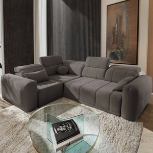 Narożnik z funkcją spania Cetara II szary brąz lewostronny stylowy design przesuwane oparcia regulowane zagłówki i pojemnik na pościel