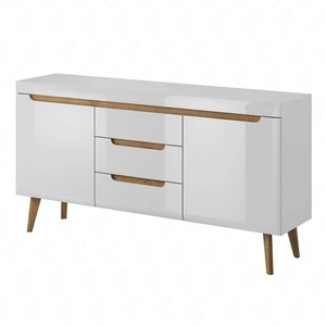 Komoda z szufladami Atka 160 cm biała / biały połysk / dąb riviera nowoczesny design mebla obrzeża komody wykończone specjalną okleiną ABS