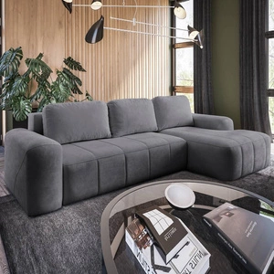 Narożnik z funkcją spania Bovec szary prawostronny stylowy narożnik rozkładany o ergonomicznym kształcie hydrofobowa tkanina