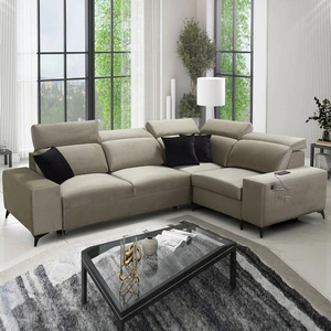 Narożnik z funkcją spania Kelly Sleek II szary beż prawostronny elegancki narożnik do salonu wykonany z miękkiej tkaniny typu velvet