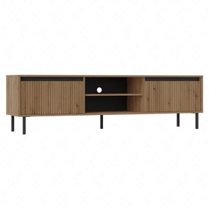 Szafka RTV Osaka 179 cm dąb evoke / czarna prosta bryła w modnej kolorystyce idealna do wnętrz w stylu japońskim gustowny ryflowany front