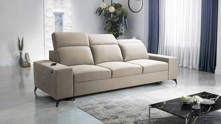 Sofa z funkcją spania Kelly beżowa stylowa sofa do salonu o prostym designie regulowane zagłówki welurowa tkanina