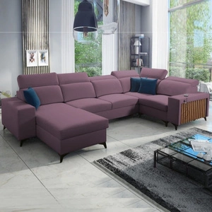 Narożnik z funkcją spania Kelly IV wrzosowy lewostronny velvet komfortowy narożnik regulowane zagłówki bok wykończony lamelami