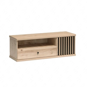 Szafka RTV Cali 124 cm dąb artisan / czarny elegancki styl szafki pod telewizor czarne uchwyty ozdobne lamele na drzwiach pojemna szuflada