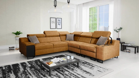 Narożnik z funkcją spania Alcamo III miodowy prawostronny funkcjonalny i stylowy narożnik z szufladą w boczku dwa pojemniki na pościel