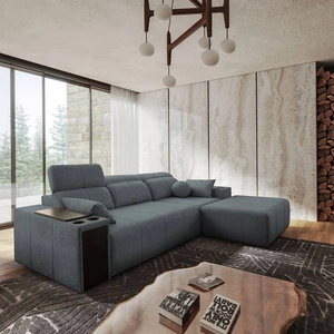 Narożnik z funkcją spania Tesalia szary prawostronny nowoczesny design komfortowe przesuwane oparcie szuflada w boczku mebla