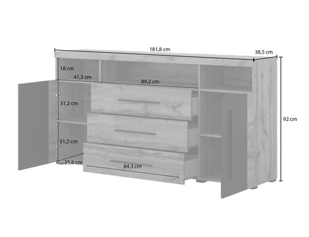 Komoda z szufladami Roger 182 cm dąb wotan / czarny elegancka stylistyka komody wzbogacona o stylowe czarne dodatki idealna do salonu sypialni