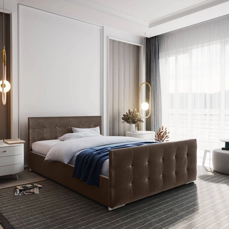 Łóżko tapicerowane Alford 140x200 jasny brąz z pojemnikiem w nowoczesnym skandynawskim stylu z pikowanym zagłówkiem oraz zanóżkiem wykończone kryształkami