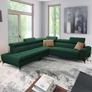 Narożnik z funkcją spania Bolmso IX zielony lewostronny komfortowy narożnik do salonu z szufladą pojemniki na pościel stylowy design