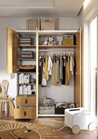 Zestaw mebli Simi biały / hikora naturalna nowoczesne meble o ciekawym designie solidne wykonanie nietuzinkowe metalowe uchwyty