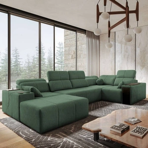 Narożnik z funkcją spania Tesalia IV miętowy lewostronny komfortowy narożnik do salonu z innowacyjną funkcją przesuwanego oparcia