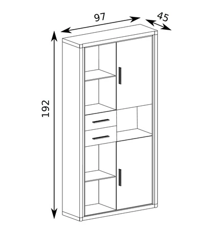 Regał Dallas 97 cm dąb truflowy / czarny elegancka stylistyka mebla wzbogacona o stylowe czarne dodatki ragał z szufladami i zamykanymi szafkami