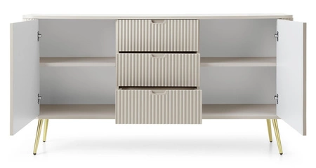 Komoda z szufladami Zoya 168 cm beżowa elegancki design owalny kształt bryły osadzony na złotych nogach gustowny ryflowany front