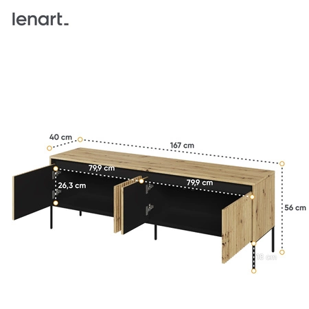 Szafka RTV Trend 167 cm dąb artisan praktyczna i stylowa szafka z ryflowanymi frontami wzbogacona o oświetlenie LED metalowa podstawa