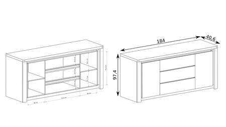 Komoda z szufladami Livinio 184 cm dąb ribbeck / biały połysk elegancka komoda o lekkim i stylowym designie subtelne oświetlenie LED