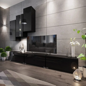 Meblościanka Viva czarny połysk uniwersalne rozwiązanie do salonu idealny wybór dla osób poszukujących praktycznych i nietuzinkowych rozwiązań