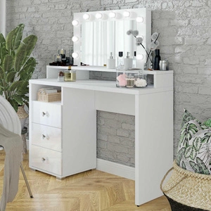 Toaletka Diva 120 cm biały połysk z oświetleniem LED wokół lustra stylowe rozwiązanie ułatwi uporządkowanie kosmetyków i drobiazgów