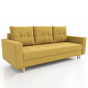 Kanapa rozkładana Vaso musztardowa wygodna sofa do salonu w stylu skandynawskim drewniane wysokie nogi pojemnik na pościel